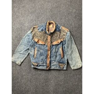 Denim and Tan Leather-Trimmed Jacket with Leopard Print Panels